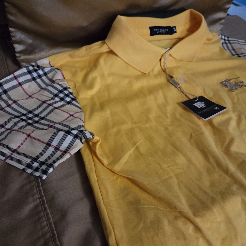 Burberry Yellow Polo with Plaid Sleeves
